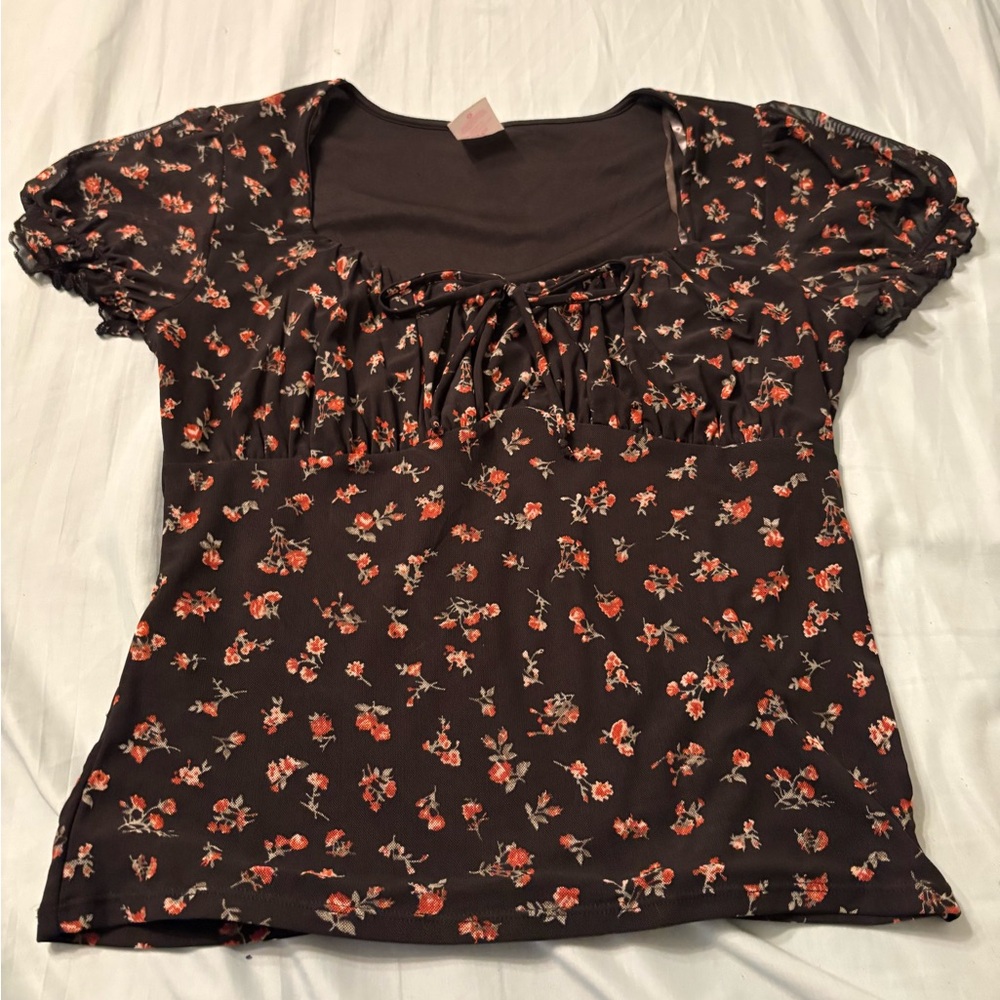 No Boundaries Black and Pink Puff Sleeve Ruched Blouse